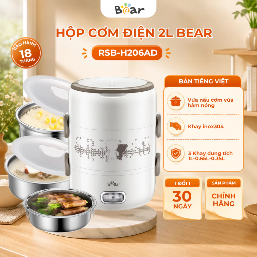 Hộp cơm cắm điện 2 Tầng 2L đa năng Bear RSB-H206AD, 270W, Nấu chín/ Hâm nóng, Nhỏ Gọn BH 18 Tháng