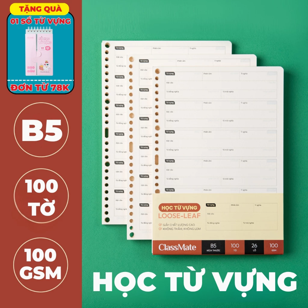 Giấy Refill Classmate Học Từ Vựng 100GSM Tráng Keo Chống Thấm, Ruột Sổ Còng B5 Học Từ Mới, Giấy Học Ngôn Ngữ Chống Loá