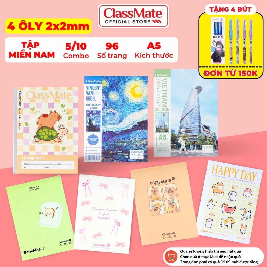 [Tặng 4 Bút] Combo 5/10 Tập Học Sinh Miền Nam Van Gogh Classmate 96 Trang A5 Vở 4 Ô Ly 2x2mm, Vở 4 Ly Ngang 60/80/100gsm