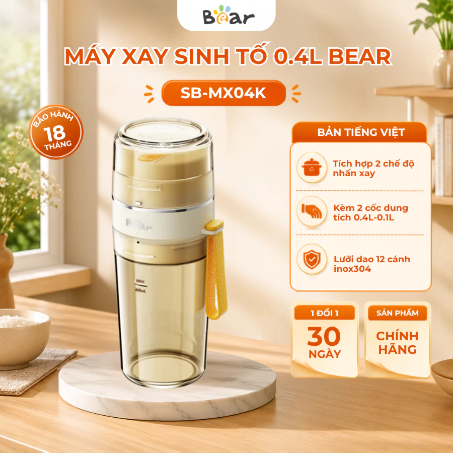 Máy Xay Sinh Tố Cầm Tay 12 Lưỡi Bear SB-MX04K, 70W, Tích Điện 2 Cối, Xay đá bi, Bảo Hành 18 Tháng