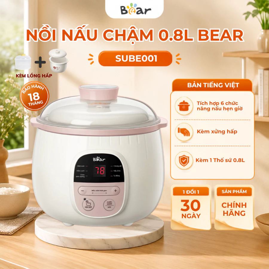 Nồi nấu chậm 0,8L Bear SUBE001 đa năng kèm lồng hấp, 200W, lõi bằng gốm, giữ nhiệt, BH 18 tháng