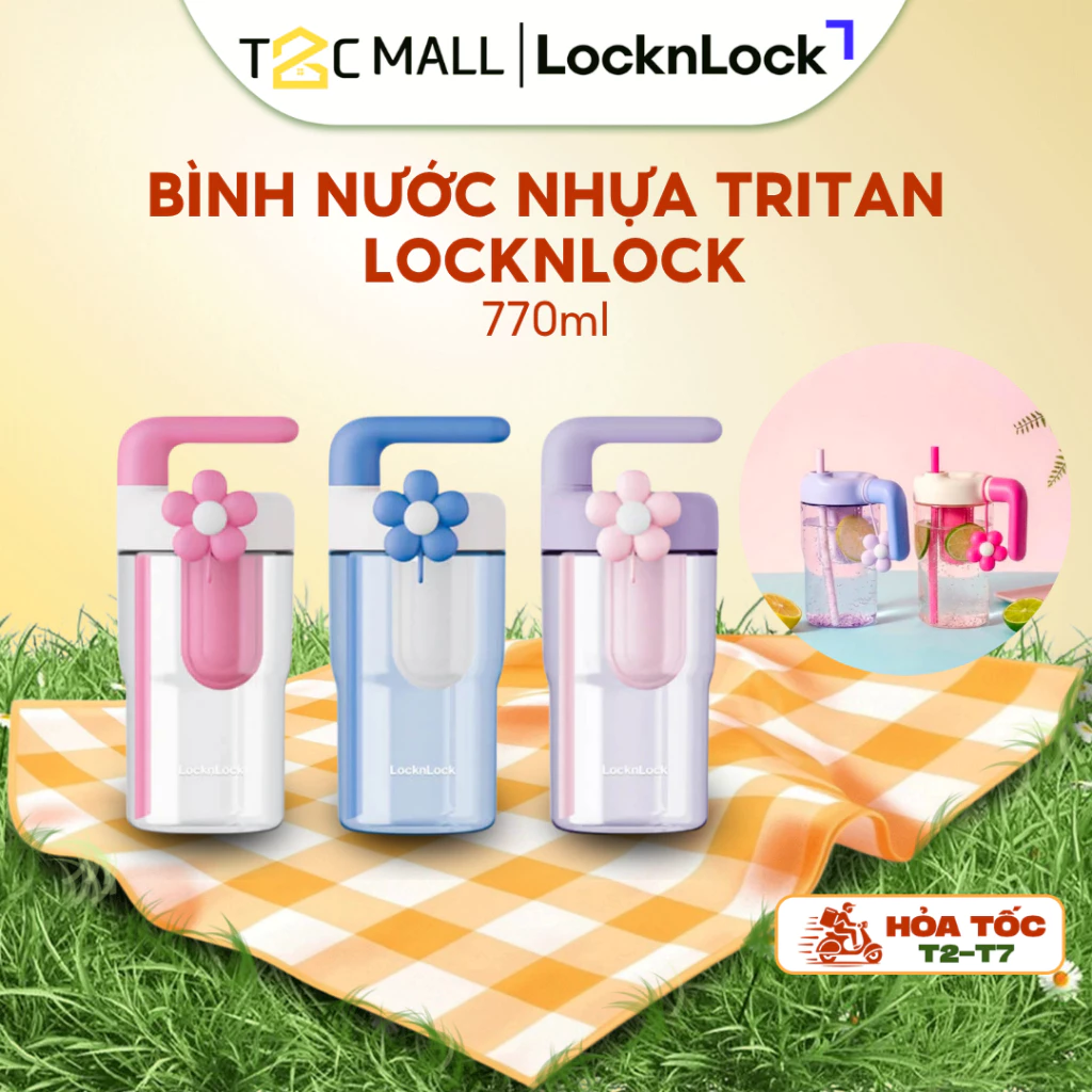 Bình nhựa tritan LocknLock 770ml Handy Infuser Bottle ABF916 kèm ống hút và hoa trang trí- T2CMALL