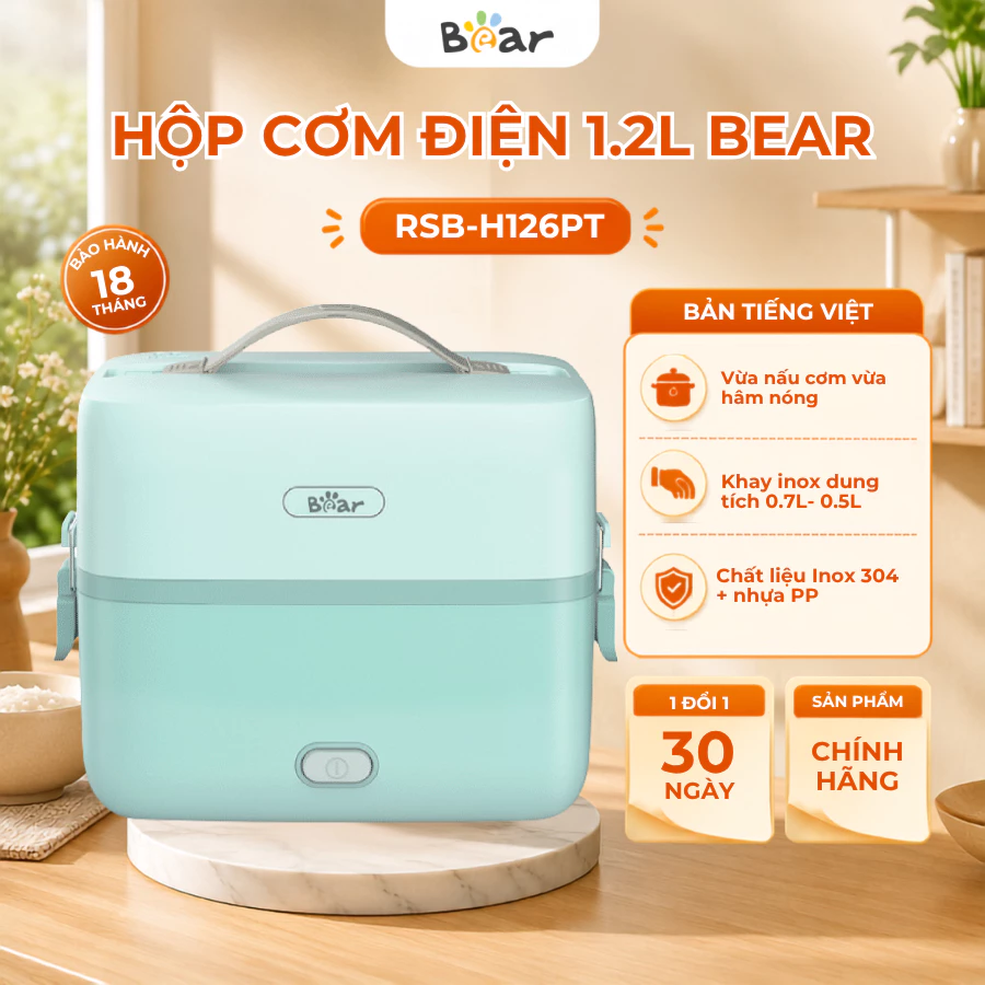 Hộp cơm điện 1.2L cầm tay đa năng Bear RSB-H126PT, 270W, Nấu chín/ Hâm nóng/ Hấp, Bảo Hành 18 tháng