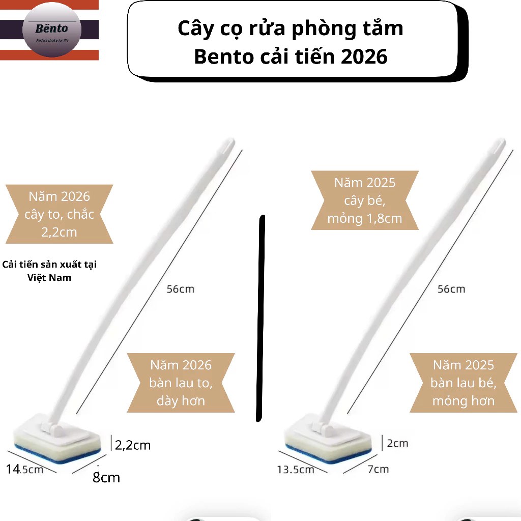 Bentomop - Cây cọ rửa tường, lavabo, kính, phòng tắm cải tiến 2026, sản xuất Việt Nam