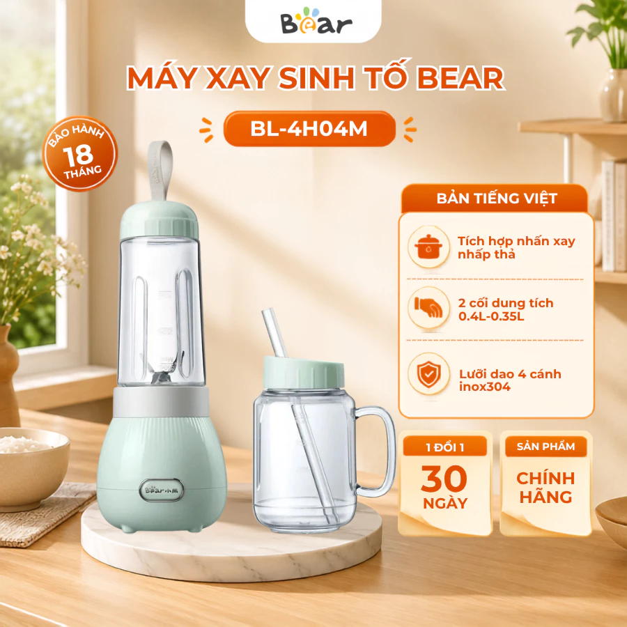 Máy Xay Sinh Tố Cầm Tay 0.4L Bear BL-4H04M, Công suất 150W, 2 Cối Xay Đá Viên Nhỏ, Bảo Hành 18 tháng