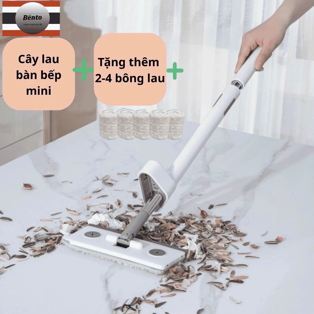 Bentomop -Cây lau tự vắt bàn bếp mini mẫu mới 2025 lớn hơn, cao cấp -kèm 2-4 bông lau