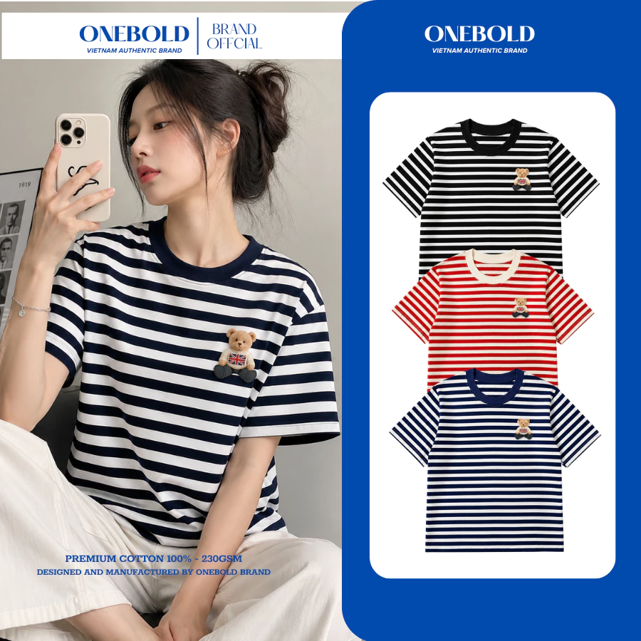 Áo Thun Sọc BABY TEE " BEAR LÁ CỜ " Brand ONEBOLD Cotton 230gsm, Form Ôm Body Nữ Phong Cách Hàn Quốc