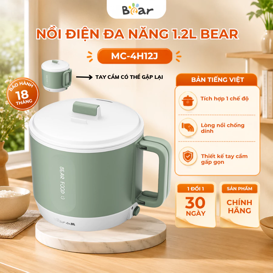 Nồi lẩu điện đa năng mini 1.2L Bear MC-4H12J, 500W, Chống Dính,Tay Cầm Gấp Gọn Tiện Lợi, BH 18 Tháng