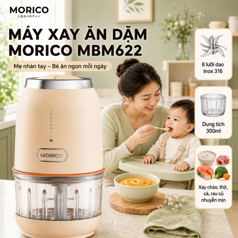 Máy Xay Đồ Ăn Dặm Cho Bé Morico MBM622 300ml, Xay Nhuyễn Cháo Thịt Cá Rau Củ, 8 Lưỡi Inox 316, Cối Thủy Tinh 200W