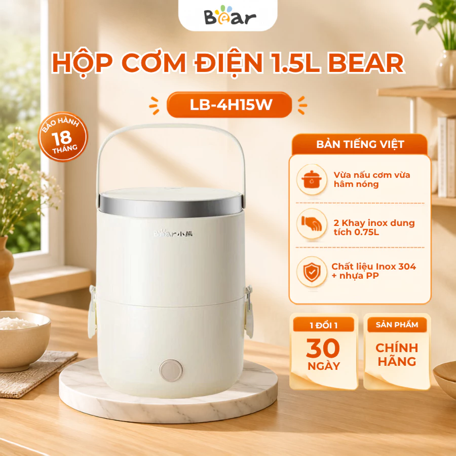 Hộp cơm cắm điện đa năng 2 tầng Bear LB-4H15W, 270W, Hâm nóng/ Nấu chín/ Hấp, Bảo Hành 18 Tháng