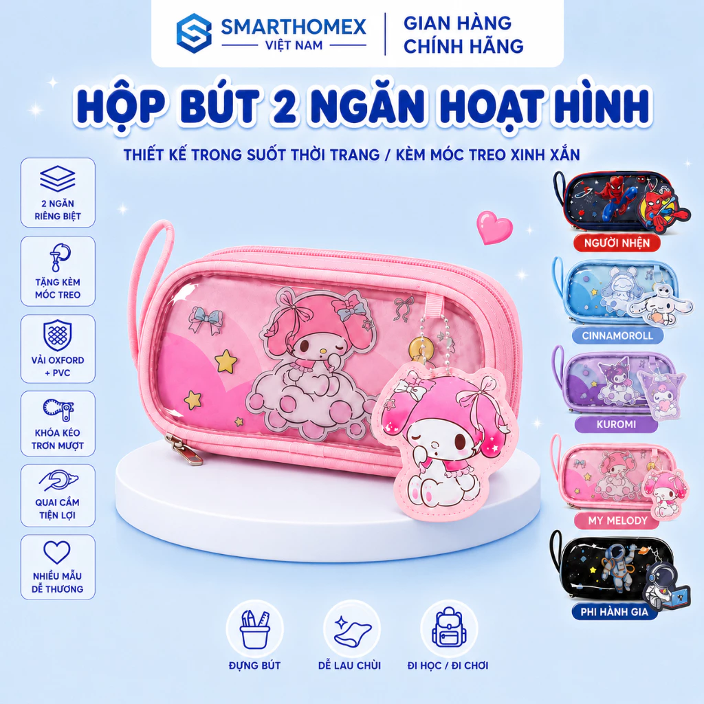 Hộp đựng bút hoạt hình kèm móc treo, Túi đựng bút, đồng dùng học tập 2 ngăn dành cho bé
