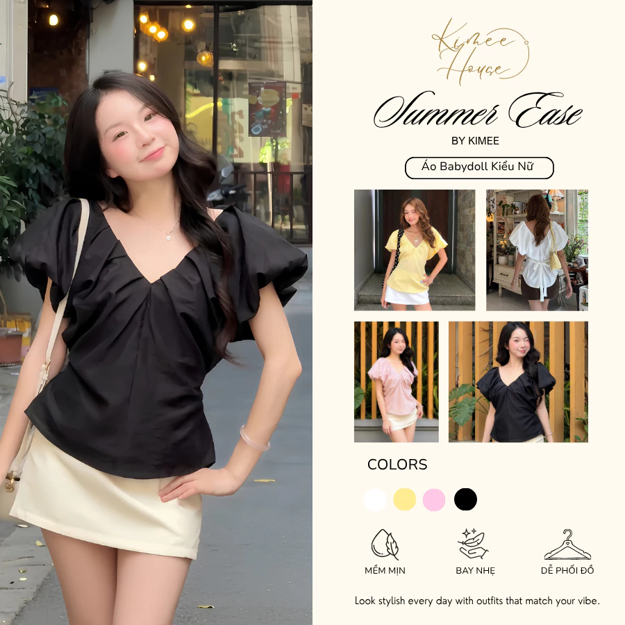 Áo Babydoll Kiểu Nữ Tay Phồng Cổ V Phối Vạt Xếp Li Dây Lưng Đi Biển Mùa Hè Kimee- KA871