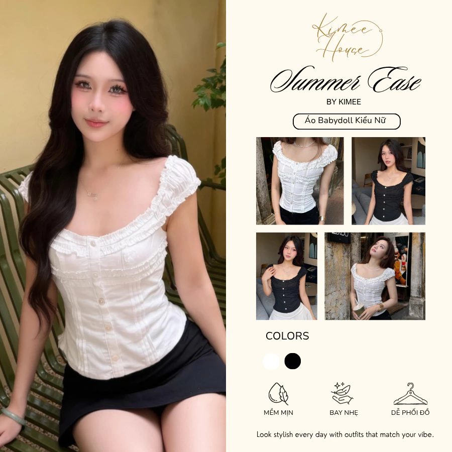Áo Babydoll Kiểu Nữ Tay Phồng Mặc 2 Kiểu Phối Bèo Nhún Đi Biển Mùa Hè Kimee - KA869