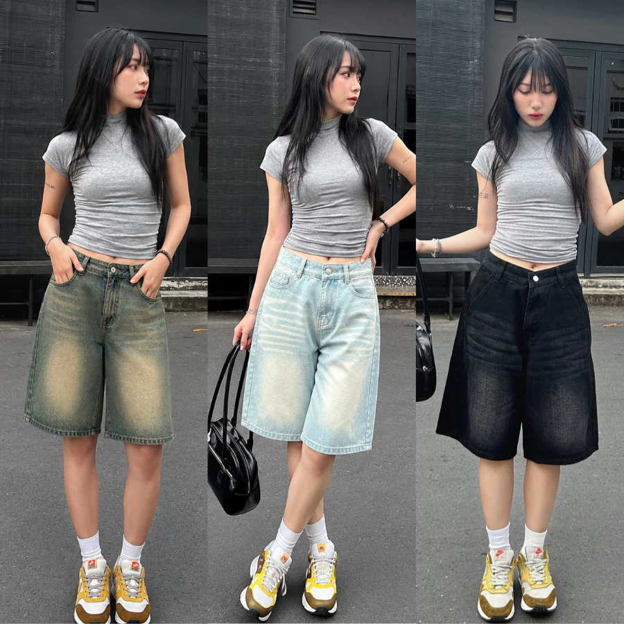 Quần Short Jean Lửng Nữ Form Rộng Suông MIAA Cạp Cao Màu Wash, Quần Bò Ngố Chất Demin Unisex Bigsize