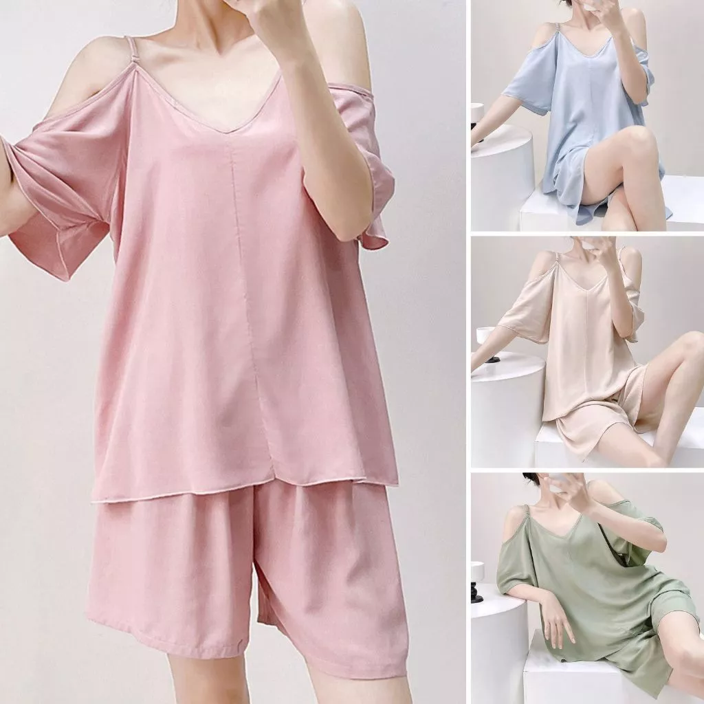 Bộ đồ mặc nhà cho nữ vải lanh áo 2 dây quần đùi kiểu dáng phối tay áo trễ trẻ trung, thoáng mát freesize 45 - 70kg