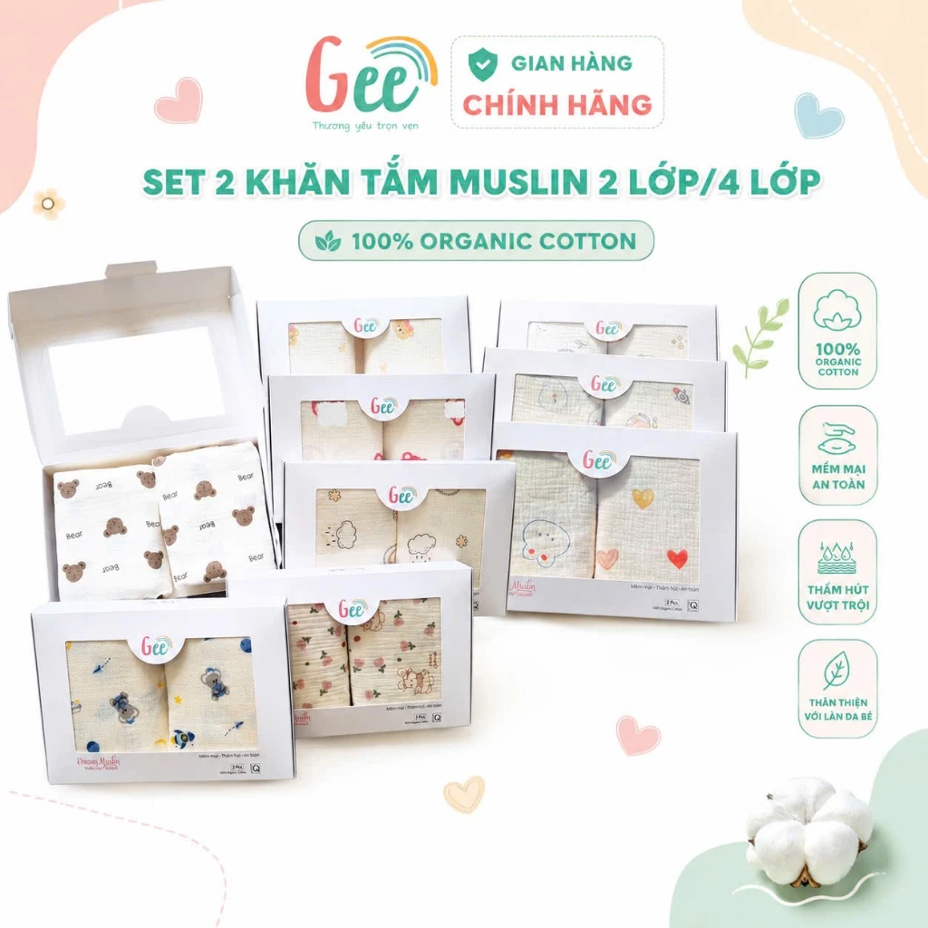 Set 2 khăn tắm muslin Gee cho bé sơ sinh, khăn tắm xô 2 lớp, 4 lớp, 100x100cm, mềm, thấm hút, an toàn