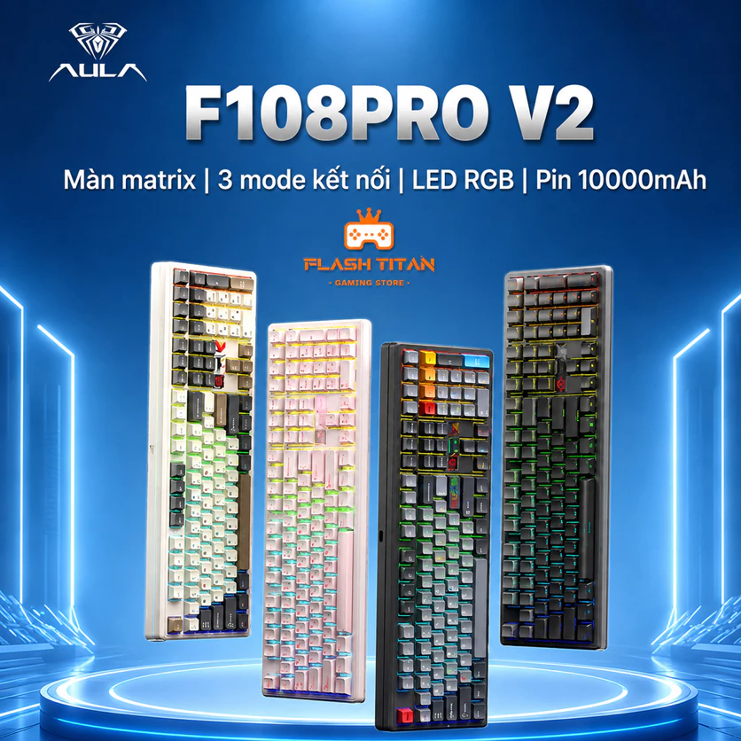 Bàn phím cơ Bluetooth AULA F108 PRO V2 - Bàn phím có màn led Matrix tùy chỉnh - Bảo hành 12 tháng