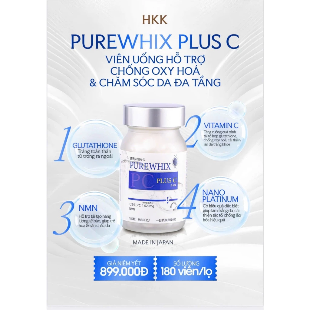 Viên Uống Trắng Da Pure Whix Plus C 180 Viên – Mờ Nám, Sáng Da, Chống Tàn Nhanh Chính Hãng