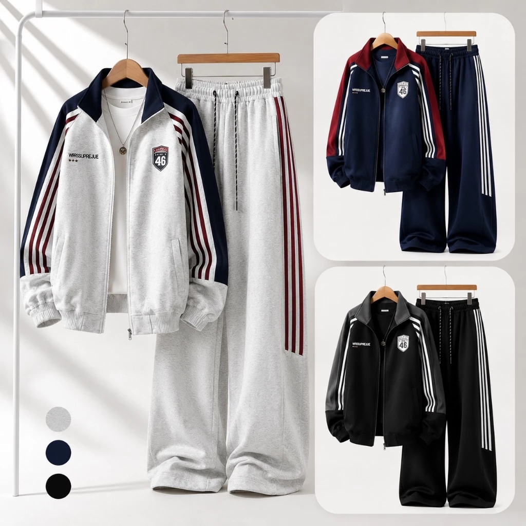 Bộ Nỉ Unisex 3 Sọc Cao Cấp Nỉ 2 Da - Áo Khoác Cổ Bẻ , Quần Ống Rộng Nam Nữ Mặc Thu Đông