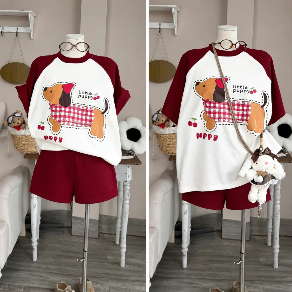 Sét bộ nữ áo thun cổ tròn phối quần bèo ren in hình cún little phối đỏ mặc đi chơi ở nhà phong cách Genzstudio