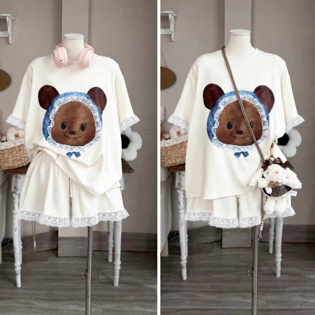 CHÍNH HÃNG Set bộ nữ áo thun cổ tròn kèm quần đùi bèo in hình tai gâu đội khăn dễ thương mặc hè ở nhà đi chơi