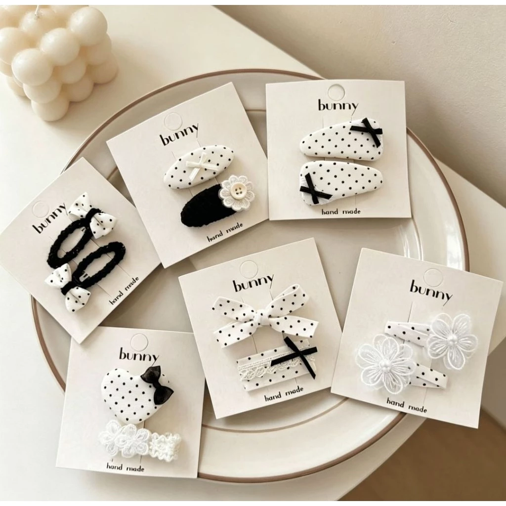 Set 2 kẹp tóc nơ ren chấm bi đen trắng, kẹp tóc nơ tiểu thư. Phụ kiện tóc xinh