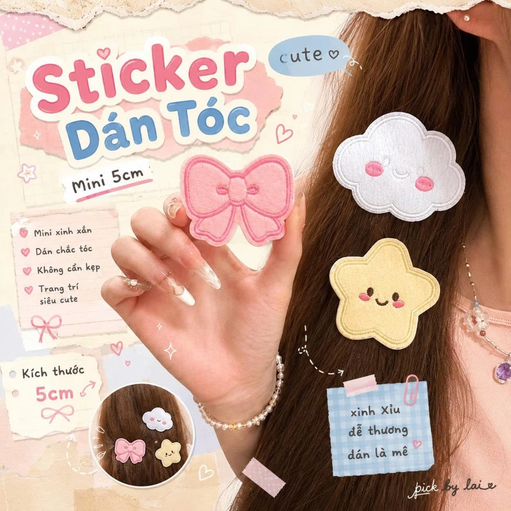 Sticker Dán Tóc Mini Hình Nơ Mây Sao, Dán Tóc Mái, Phụ Kiện Tóc Hàn Quốc Cho Nữ