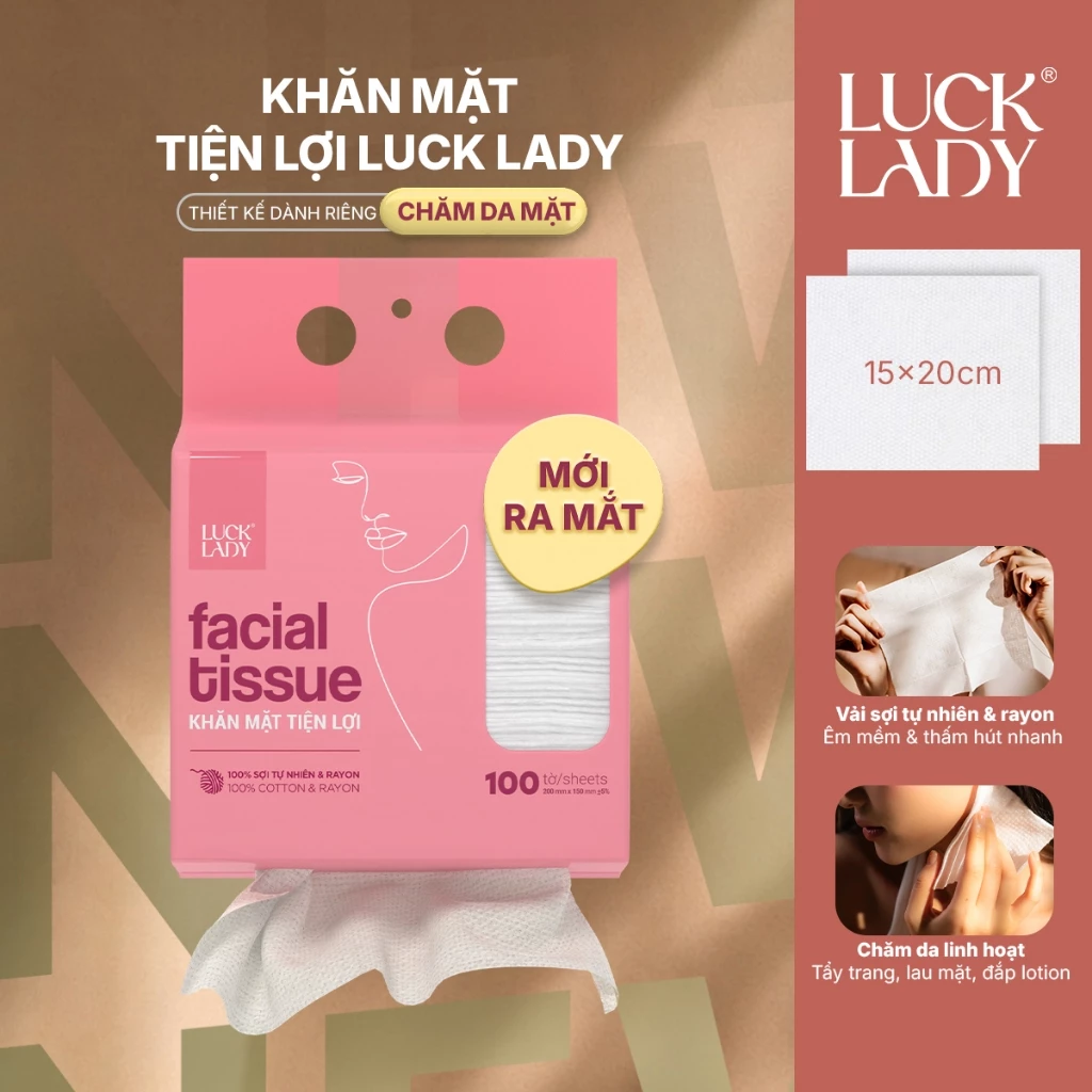 [MỚI] Khăn mặt khô Luck Lady tờ 100 tờ/túi, kích thước 15x20cm, khăn dành riêng cho da mặt, phù hợp cho da nhạy cảm
