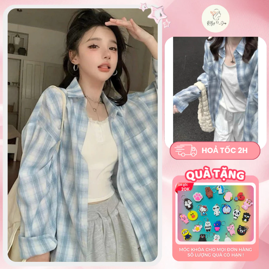 Áo Sơ Mi Nữ, Áo Khoác Sơ Mi Kẻ Caro Tay Dài Form Rộng Dễ Phối Mặc Đi Chơi Đi Làm Du Lịch