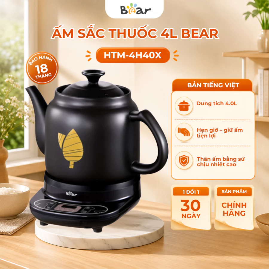 Ấm Sắc Thuốc Điện 4L Đa Năng Bear HTM-4H40X, Công Suất 500W, Nấu Trà Hầm Giữ Ấm Hẹn Giờ, BH 18 Tháng