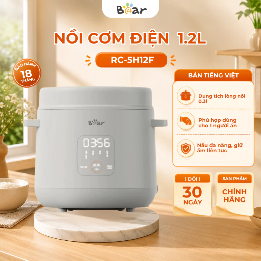 Nồi Cơm Điện 1.2L (Lòng Nồi 0.3L) Bear RC-5H12F, 4 Chế Độ Nấu, Màn Hình Led, Cho 1 Người, BH 18 thág