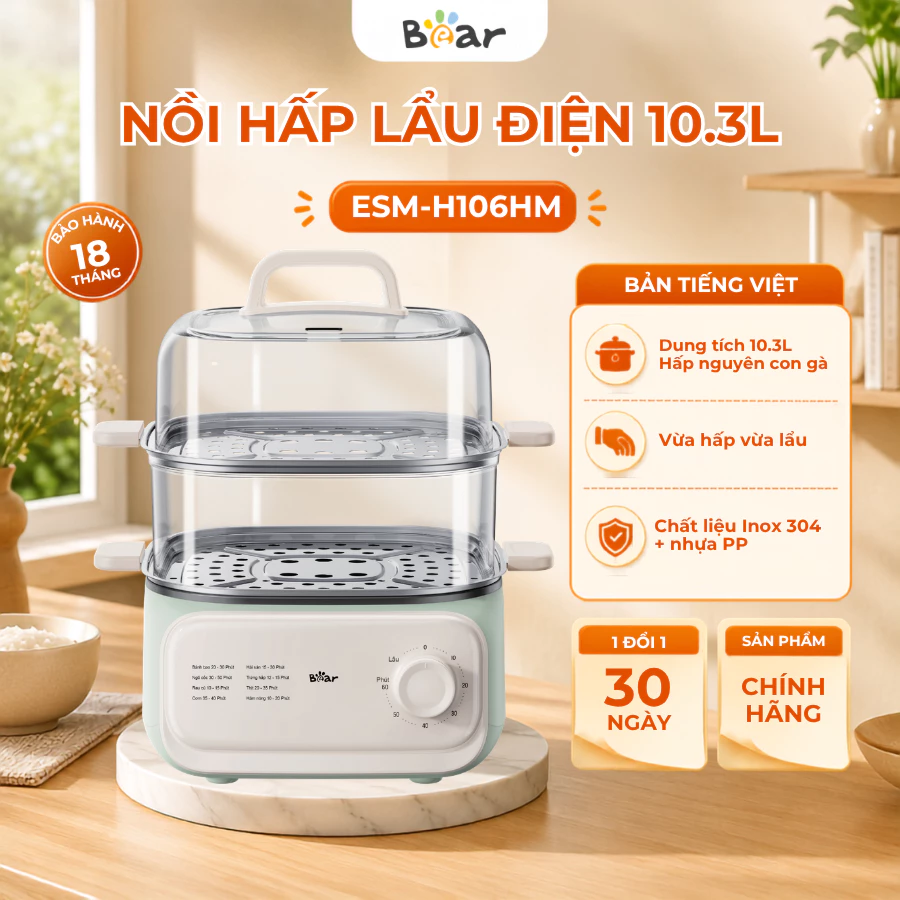 Nồi lẩu hấp điện 2 tầng 10.3L đa năng ESM-H106HM, 1300W, Nấu lẩu ,Hấp nguyên con gà, BH 18 Tháng