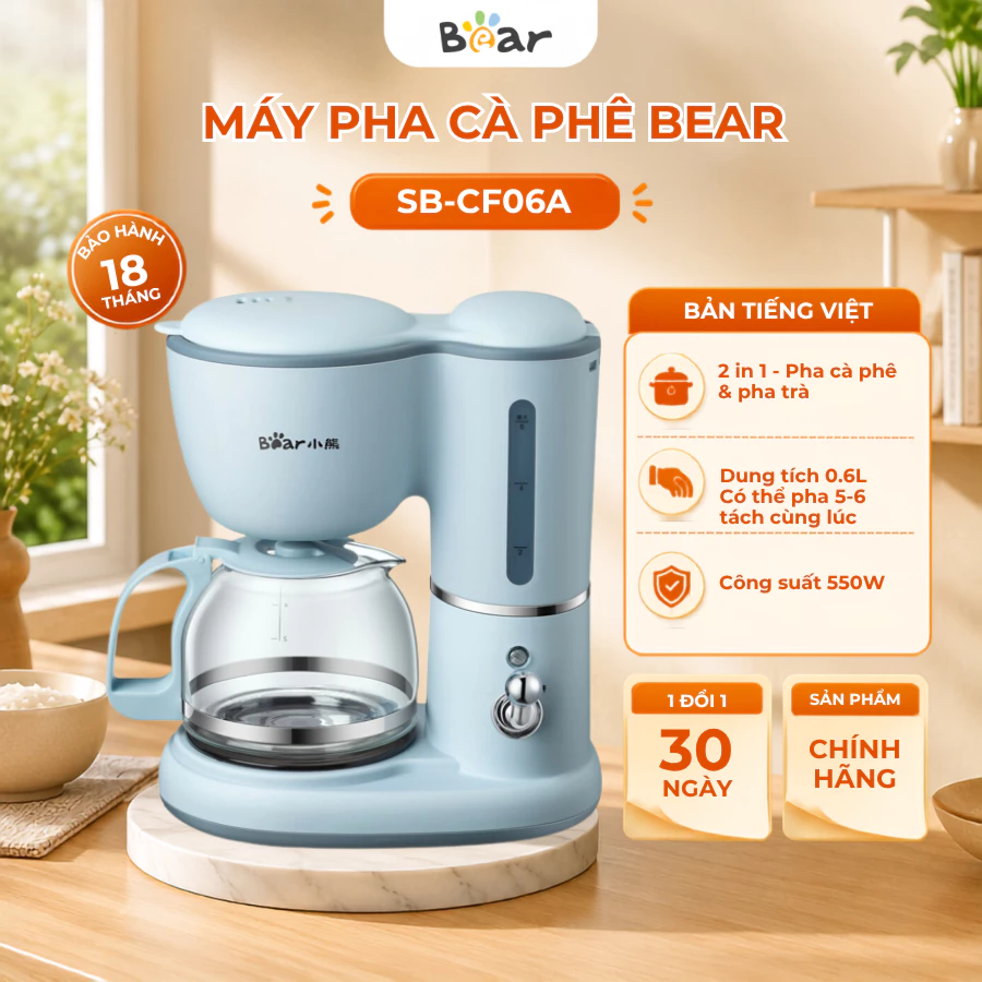 Máy Pha Cà Phê Mini 0.6L Bear SB-CF06A, 550W Pha Trà Pha Coffee Loại Bỏ Cặn, Nhỏ Gọn, BH 18 Tháng
