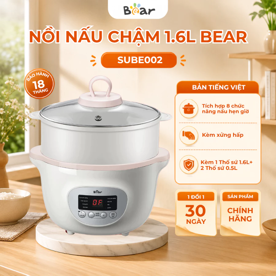 Nồi Nấu Chậm Bear 1.6L Cho Bé Đa Năng Bear SUBE002,Có Xửng Hấp, Gốm Sứ, Giữ Trọn Dinh Dưỡng, BH 18Th