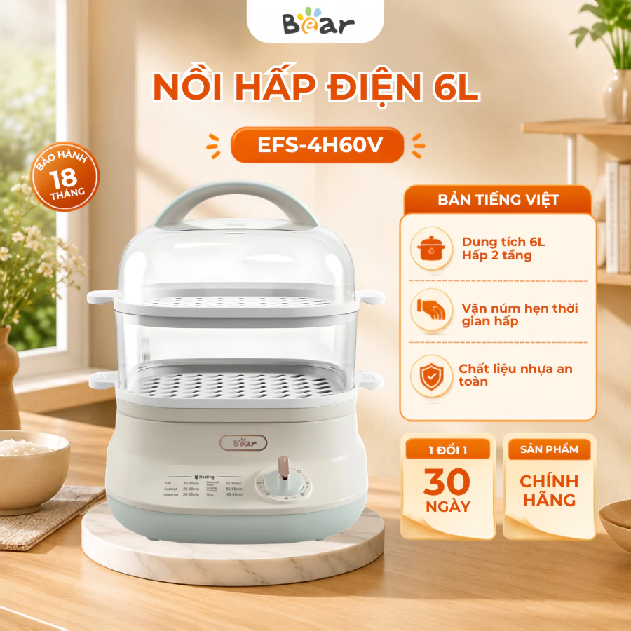 Nồi hấp điện đa năng 6L Bear EFS-4H60V, Công suất  650W, Núm Vặn Dễ Sử Dụng, Cách Thủy, BH 18 Tháng