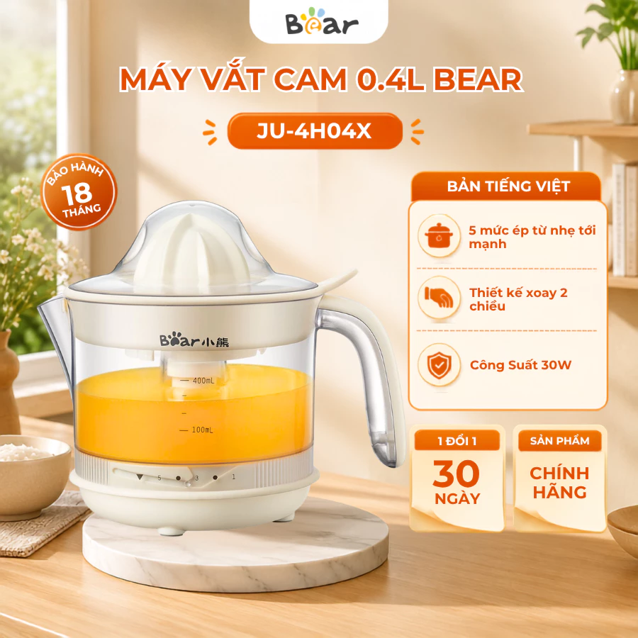 Máy Vắt Cam Mini Dung Tích 0.4L Bear JU-4H04X, Công suất 30W, Tự Động 5 Cấp Độ Ép, Bảo Hành 18 Tháng