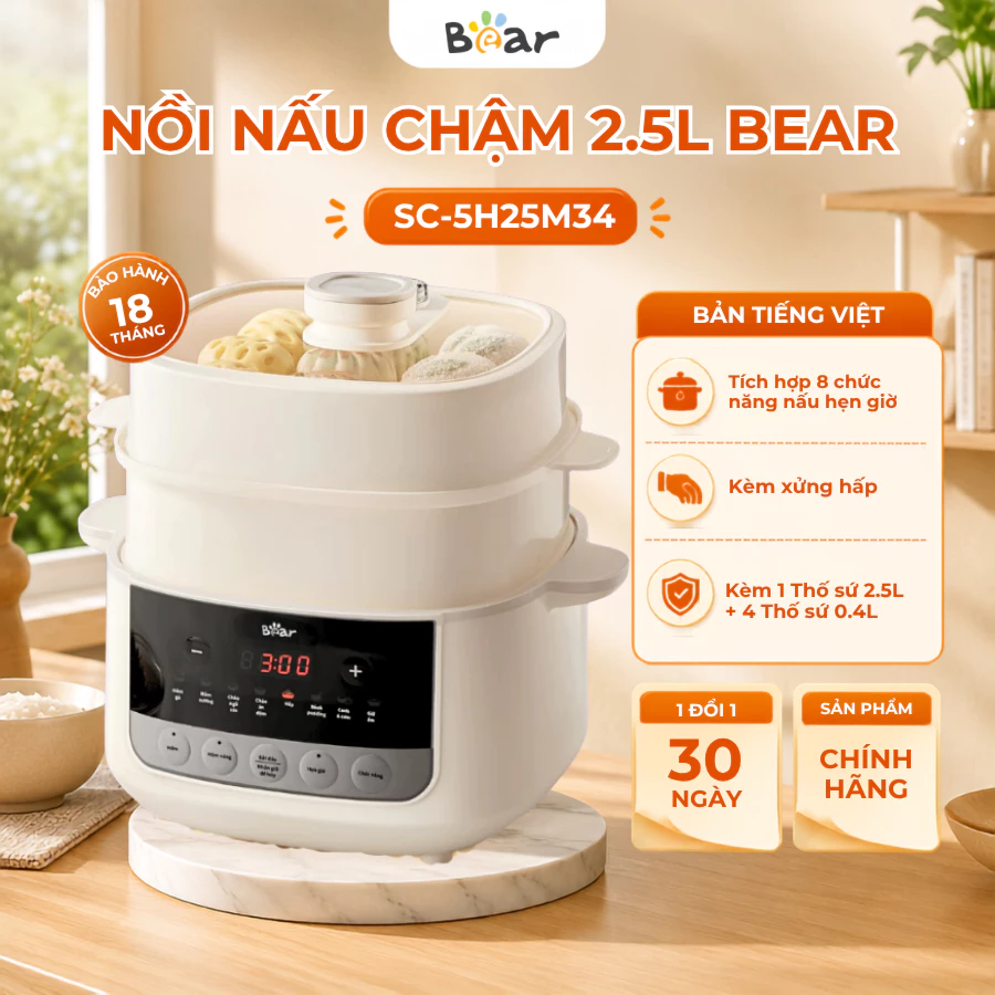 Nồi Nấu Chậm Kèm Lồng Hấp 2.5L Đa Năng Bear SC-5H25M34, Chưng Yến Cách Thủy, Giữ Nhiệt, BH 18 Tháng