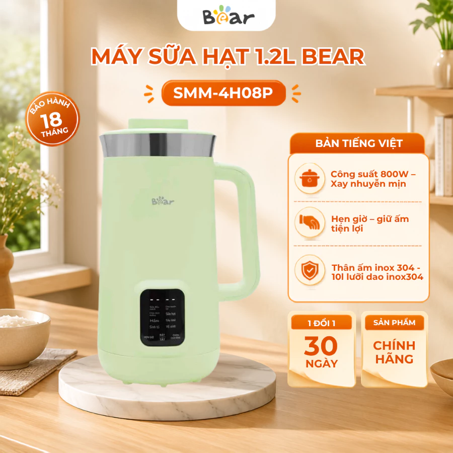 Máy làm sữa hạt 1.2L đa năng SMM-4H08P, Cs 800W, 10 Lưỡi Dao Inox, Xay Sinh Tố,Hẹn Giờ, BH 18 Tháng