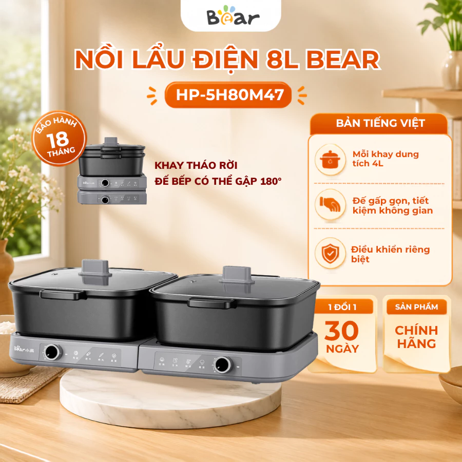 Nồi lẩu điện 8L đa năng Bear HP-5H80M47, 2100W, Bếp 2 ngăn, Thanh nhiệt riêng biệt, BH 18 Tháng