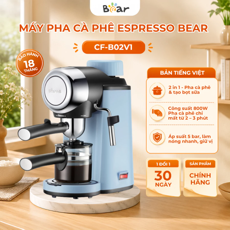 Máy pha cà phê Espresso Bear CF-B20V1, tự động, kích thước nhỏ gọn nhiều tính năng, BH 18 Tháng