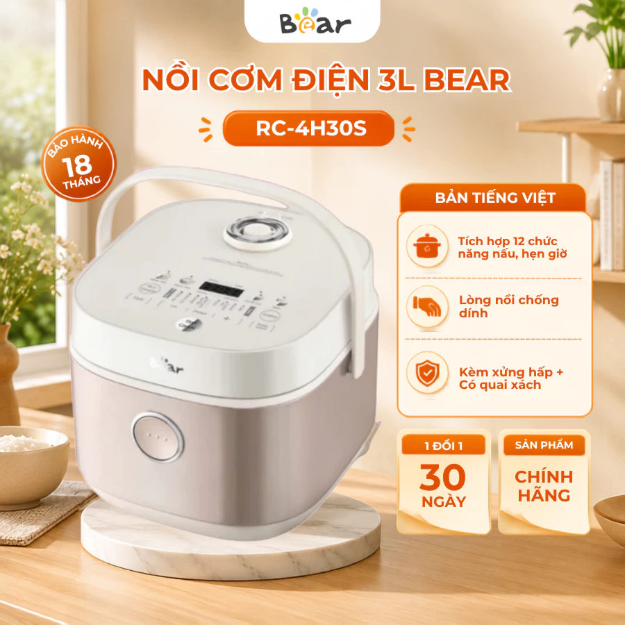 Nồi Cơm Điện Đa Năng 3L Bear RC-4H30S, Công suất 600W,(Lòng Nồi 1L) chống dính,Hẹn giờ,BH 18 Tháng