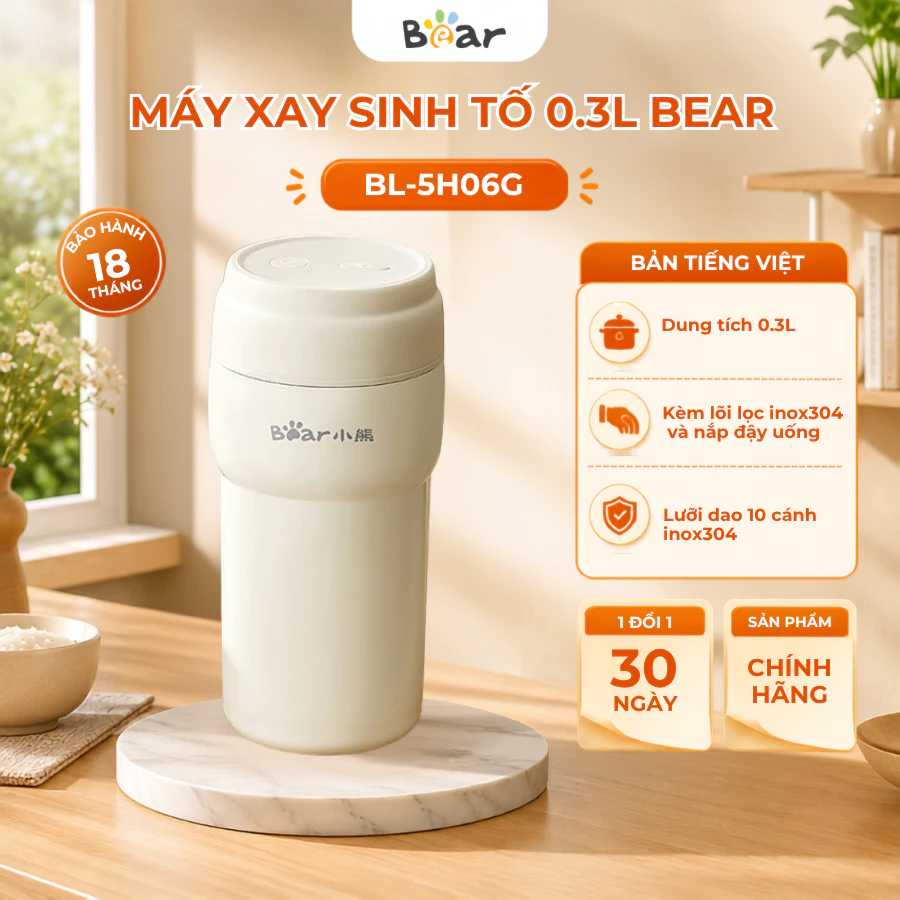 Máy Xay Sinh Tố Cầm Tay 0.3L Bear BL-5H06G, Tích Điện, 10 Lưỡi Inox Xay Đá, Giữ Nhiệt, BH 18 Tháng