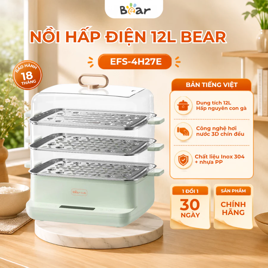 Nồi Hấp Điện 3 Tầng Dung Tích 12L Bear EFS-4H27E, 800W, Khay hấp inox, Hẹn Giờ, Giữ Ấm, BH 18 Tháng