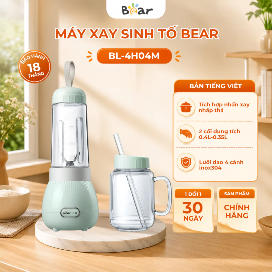 Máy xay sinh tố đa năng cầm tay 2 cối Bear BL-4H04M, Cs 150W, kèm nắp tiện lợi nhỏ gọn, BH 18 tháng