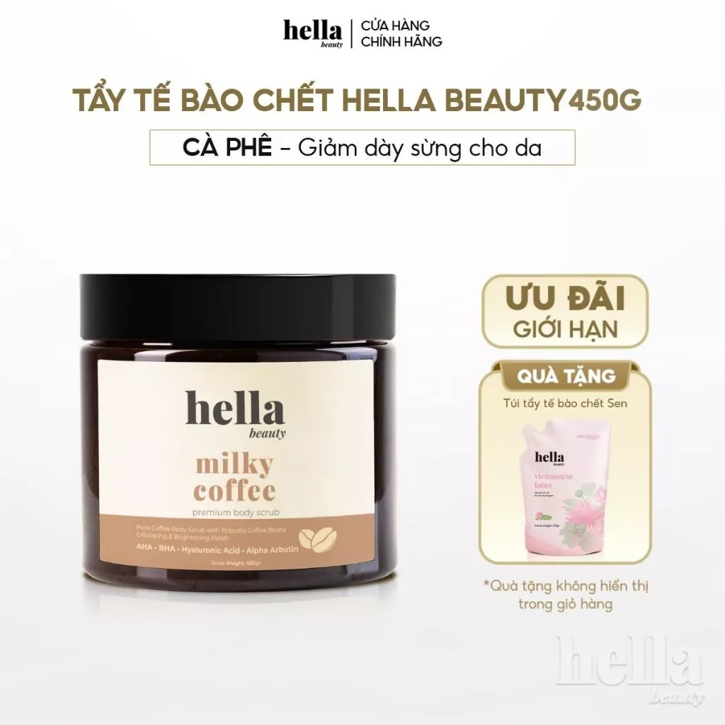 (TẶNG TÚI TẨY) Tẩy tế bào chết body cà phê Hella Beauty 450g giúp làm sạch sâu hỗ trợ dưỡng sáng da