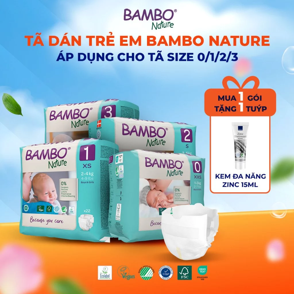 Tã Dán Trẻ Em Cao Cấp Thuần Chay Bambo Nature Mềm Mại, Dịu Nhẹ Cho Làn Da Của Bé Nhiều Size