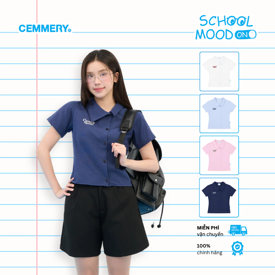 Áo Sơ Mi Nữ CEMMERY Local Brand Chính Hãng Clover Shirt Sơ Mi Lụa Cổ Lệch Chéo Logo Thêu 4 Màu