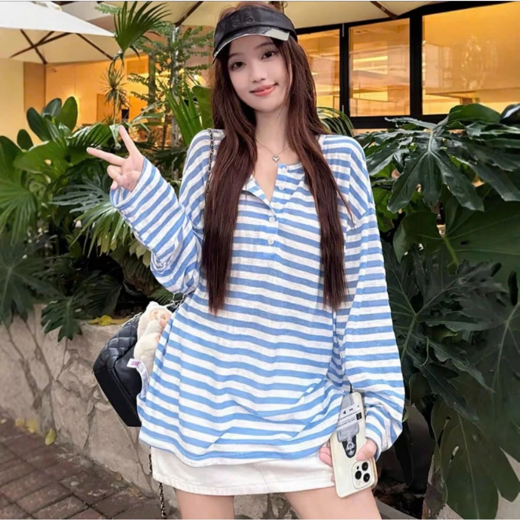 Áo thun nữ tay dài sọc ngang thun giấy đơn giản dáng dài màu nhiều màu sắc pastel dễ mặc dễ phối đồ