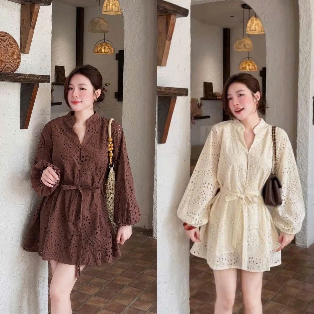 (Hàng Mới): Váy Cổ V Tay Dài Bồng Thêu Hoa Cúc Bọc Cài Kèm Đai Buộc Eo Chất Thô Qc 2 Màu-Ảnh Thật Lollaye