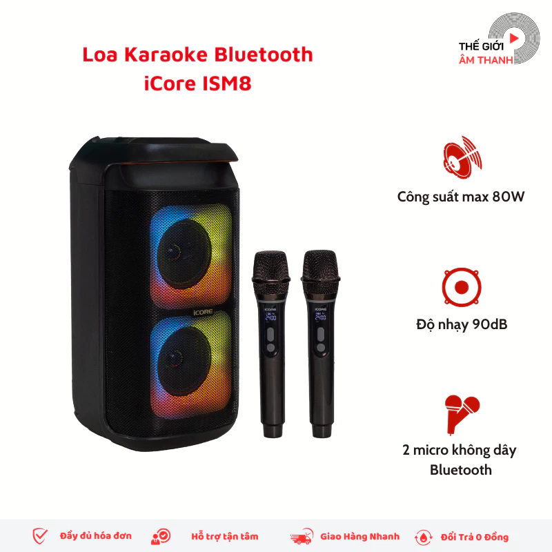 Bộ Loa Karaoke Bluetooth iCore ISM8 Kèm 02 Micro Không Dây - Loa karaoke di động - THẾ GIỚI ÂM THANH